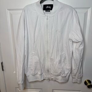 Stussy White Textured Bomber Jacket Streetwear Size Medium GUC
